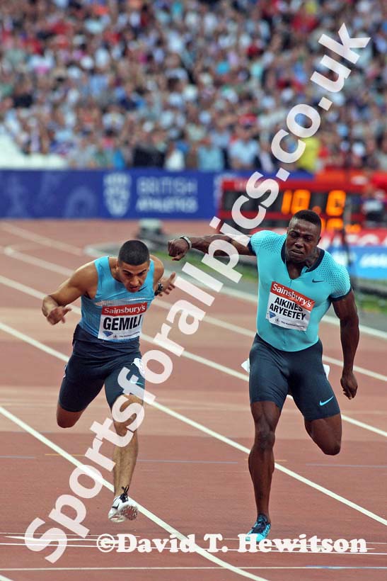 100 metres B race, from left to right: Adam Gemili, Harry beats Aikens-Aryeetey,  2013 IAAF Diamond League, Sainsbury's Anniversary Games, Queen Elizabeth Olympic Park, London.